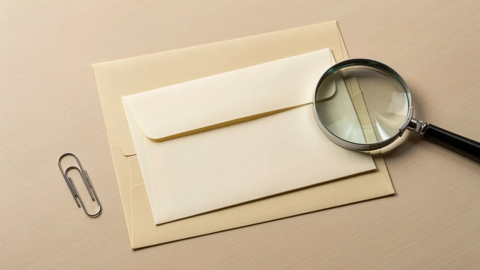 Illustration of a debt validation letter scene with a sealed envelope, magnifying glass, shield, and document folder