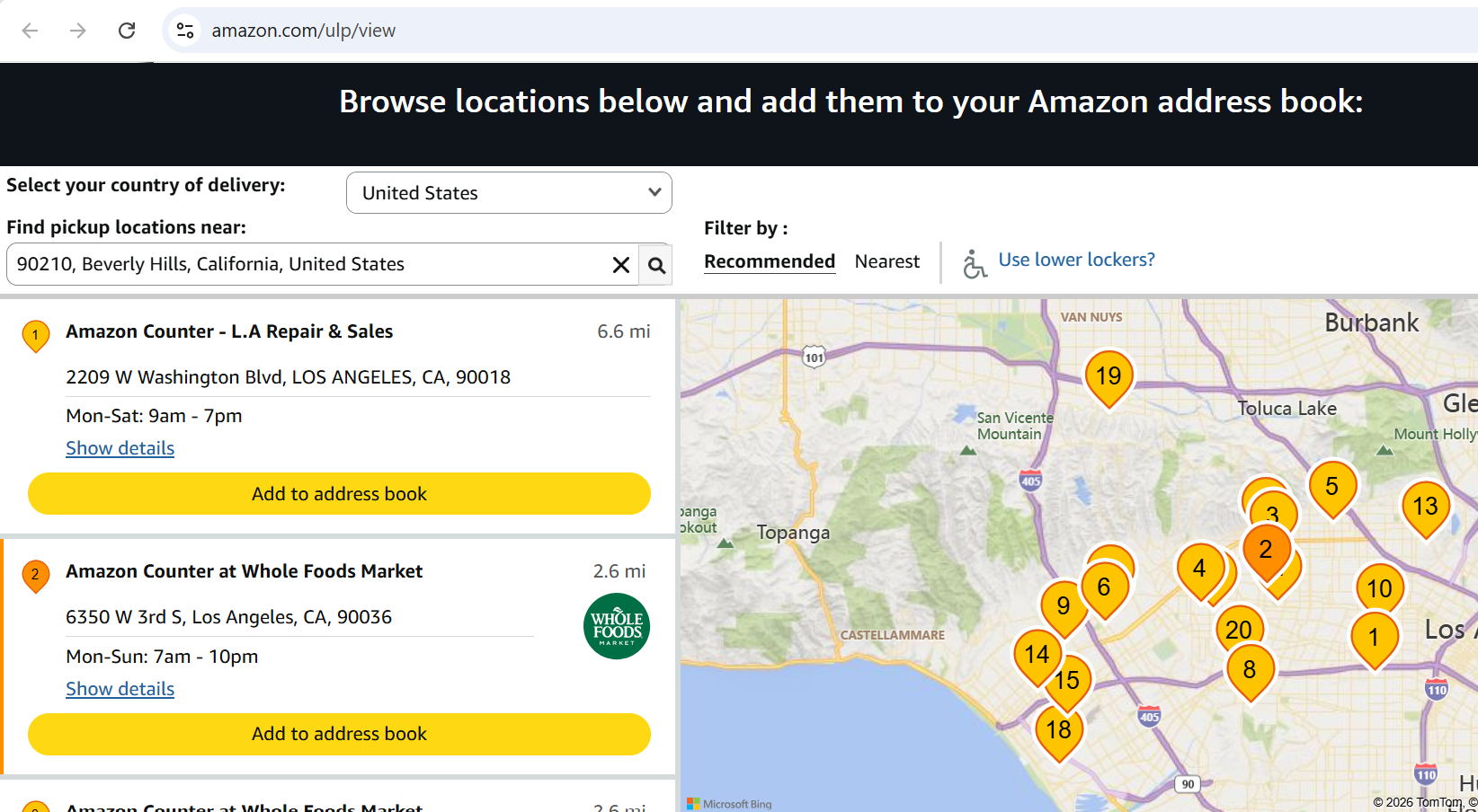 Amazon pickup-location finder showing nearby Counter locations and Add to address book buttons