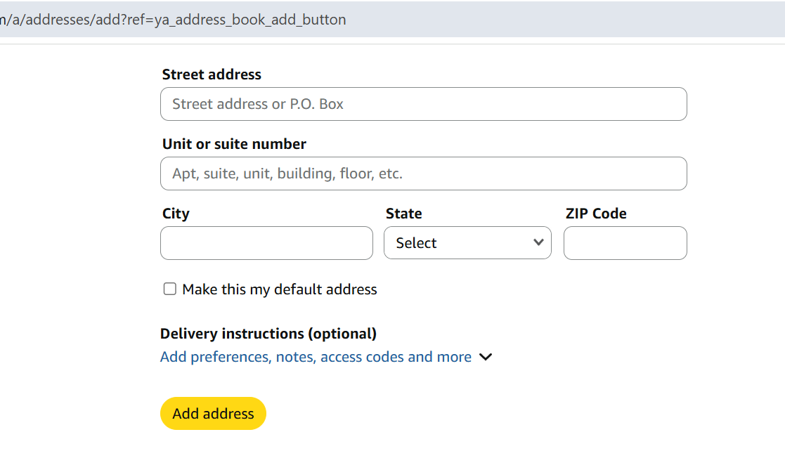 Amazon's add-address form with a field labeled Street address or P.O. Box