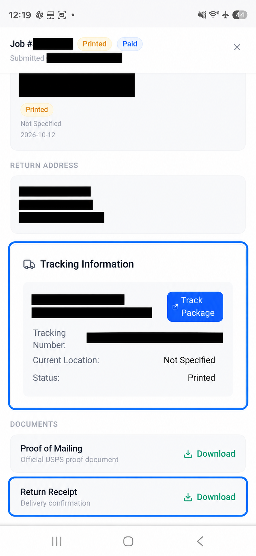 TLP mailing details with identifying information hidden, highlighting Tracking Information and Return Receipt Download