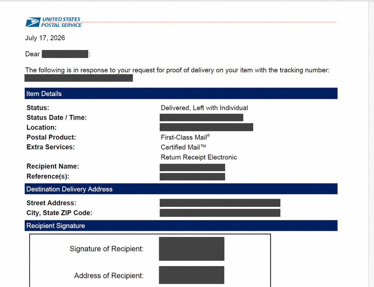 Redacted USPS Electronic Return Receipt with delivery details and recipient signature fields