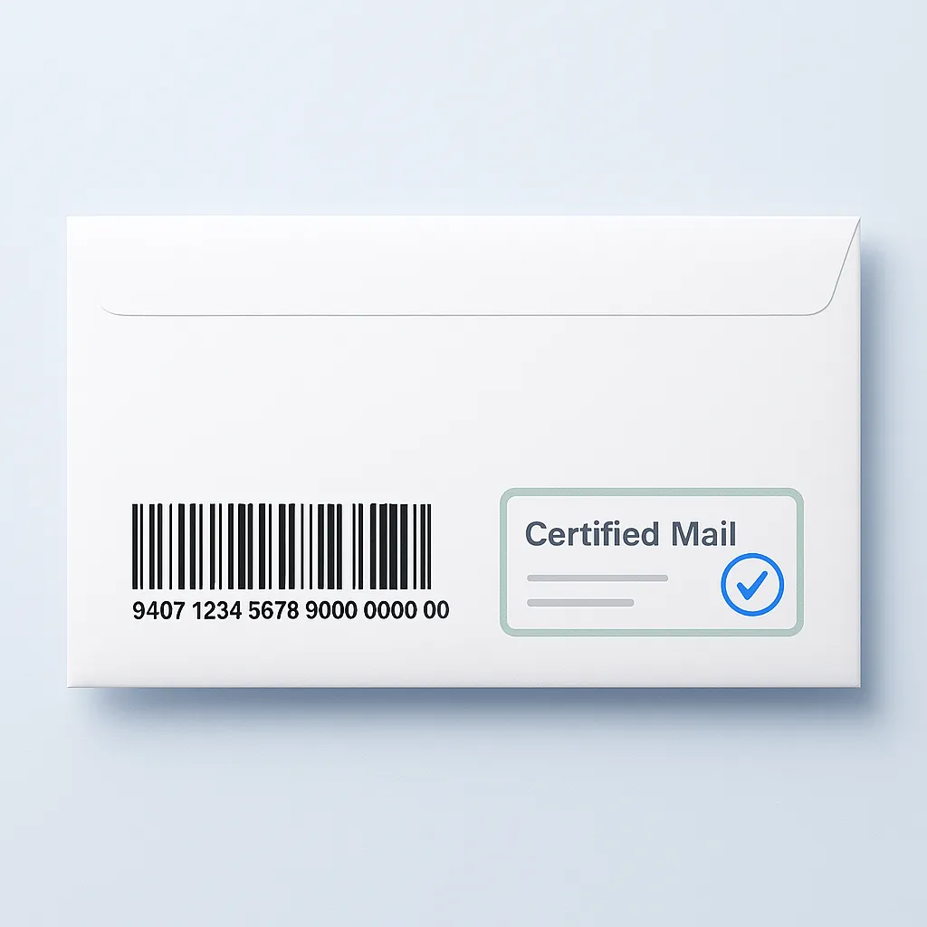 USPS Certified Mail envelope with tracking barcode and proof of delivery