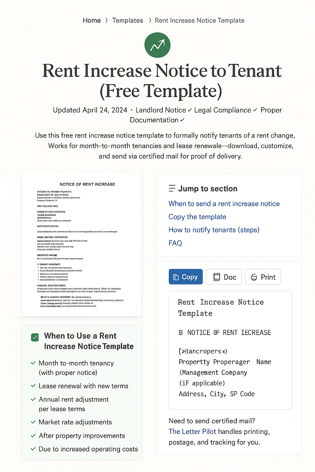 Rent increase notice template showing a landlord letter to tenant with rent change details, effective date, and legal notice requirements